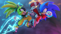 Size: 3840x2160 | Tagged: safe, artist:ladylunanova, sonic the hedgehog, surge the tenrec, 2023, 3d, abstract background, electricity, fight, fire, looking at each other, mid-air, smile, trans female, transgender