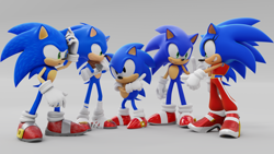 Size: 3840x2160 | Tagged: safe, artist:ladylunanova, sonic the hedgehog, sonic prime, 2023, 3d, classic sonic, group, modern sonic, self paradox, soap shoes, sonic boom (tv), standing, trans female, trans girl sonic, transgender