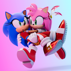Size: 3840x3840 | Tagged: safe, artist:ladylunanova, amy rose, sonic the hedgehog, sonic adventure, 2023, 3d, :o, amy x sonic, carrying them, duo, gradient background, half r63 shipping, lesbian, running, shipping, smile