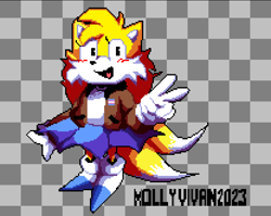 Size: 832x662 | Tagged: safe, artist:hopnonused, miles "tails" prower, 2023, abstract background, aviator jacket, blue shoes, blushing, checkered background, looking at viewer, pixel art, signature, skirt, smile, solo, standing, trans female, transgender, v sign