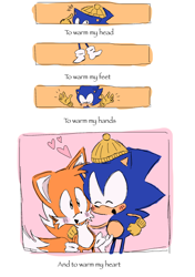 Size: 1438x2048 | Tagged: safe, artist:sontaiis, miles "tails" prower, sonic the hedgehog, 2022, arm around shoulders, beanie, blushing, cute, duo, english text, gay, heart, shipping, simple background, socks, sonabetes, sonic x tails, tailabetes, white background, wholesome, winter outfit, yellow gloves