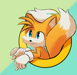 Size: 854x830 | Tagged: safe, artist:vaekibouiny, miles "tails" prower, abstract background, movie style, redraw, ring, signature, smile, solo