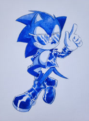 Size: 2048x2775 | Tagged: safe, artist:azulila, anti-sonic, boots, clenched teeth, jacket, looking offscreen, pointing, sharp teeth, smile, solo, sunglasses, traditional media, watercolor