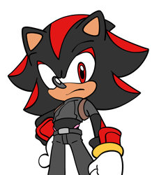 Size: 2048x2242 | Tagged: safe, artist:thenovika, shadow the hedgehog, cosplay, flat colors, frown, leon s. kennedy, looking at viewer, resident evil 4, simple background, solo, standing, white background