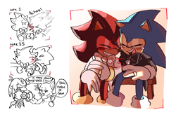 Size: 1200x800 | Tagged: safe, artist:mushtoons, knuckles the echidna, rouge the bat, shadow the hedgehog, sonic the hedgehog, alternate universe, au:chaos!, bowtie, camera, cute, dialogue, duo focus, english text, gay, group, shadow x sonic, shadowbetes, shipping, smile, sneezing, sonabetes, speech bubble, wedding, wedding photo, wedding suit