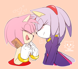 Size: 1278x1128 | Tagged: safe, artist:mimikuronekito, amy rose, blaze the cat, cat, hedgehog, 2024, amy x blaze, amy's halterneck dress, blaze's tailcoat, cute, eyes closed, female, females only, hairbrush, lesbian, mouth open, shipping