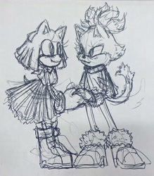Size: 1440x1646 | Tagged: safe, artist:niightfiend, amy rose, blaze the cat, cat, hedgehog, 2022, amy x blaze, cute, female, females only, holding hands, lesbian, line art, looking at each other, shipping, sketch, traditional media