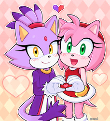 Size: 1275x1400 | Tagged: safe, artist:4622j, amy rose, blaze the cat, cat, hedgehog, 2024, amy x blaze, amy's halterneck dress, blaze's tailcoat, cute, female, females only, heart hands, hearts, lesbian, looking at viewer, mouth open, shipping