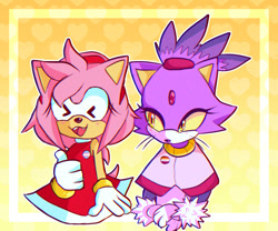 Size: 540x449 | Tagged: safe, artist:mina404, amy rose, blaze the cat, cat, hedgehog, 2020, amy x blaze, amy's halterneck dress, cute, eyes closed, female, females only, lesbian, lesbian pride, looking at them, pride, shipping, thumbs up, trans pride