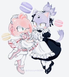 Size: 1536x1705 | Tagged: safe, artist:choccy-milkshake, amy rose, blaze the cat, cat, hedgehog, 2022, amy x blaze, blushing, cute, female, females only, holding hands, lesbian, maid outfit, one eye closed, shipping