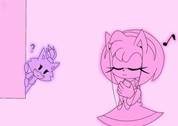 Size: 1280x905 | Tagged: safe, artist:tgg233, amy rose, blaze the cat, cat, hedgehog, 2019, alternate version, amy x blaze, amy's halterneck dress, blaze's tailcoat, blushing, cute, eyes closed, female, females only, headphones, lesbian, looking at them, musical note, question mark, shipping