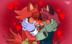 Size: 2048x1260 | Tagged: safe, artist:gamerfoxdrawz, barry the quokka, gadget the wolf, barryget, blushing, duo, eyes closed, heart, holding each other, kiss, shipping, signature, wagging tail