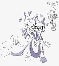 Size: 1067x1189 | Tagged: safe, artist:h0u-h0u, gadget the wolf, infinite the jackal, sonic the hedgehog, cute, dialogue, english text, frown, gadgebetes, gay, heart, holding hands, infinibetes, line art, rookinite, shipping, sketch, smile, sonabetes, standing, trio