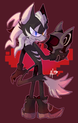 Size: 607x946 | Tagged: safe, artist:alan-without-the-an, infinite the jackal, abstract background, frown, glowing eyes, heterochromia, holding something, infinite's mask, one fang, outline, signature, solo, standing