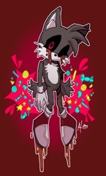 Size: 800x1336 | Tagged: safe, artist:alan-without-the-an, miles "tails" prower, oc, oc:tails.exe, fox, abstract background, black sclera, bleeding, bleeding from eyes, blood, candy, candy gore, gore, looking at viewer, outline, signature, solo