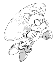 Size: 2000x2300 | Tagged: safe, artist:heilos, miles "tails" prower, clenched fists, flying, frown, line art, looking up, redraw, signature, simple background, solo, spinning tails, white background
