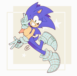 Size: 2048x1996 | Tagged: safe, artist:serrybluesoul, sonic the hedgehog, sonic prime, abstract background, floppy ear, looking at viewer, posing, signature, smile, solo, star (symbol), v sign
