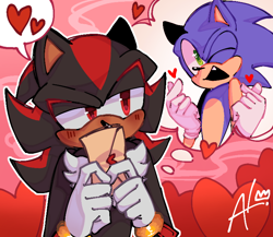 Size: 736x640 | Tagged: safe, artist:alan-without-the-an, shadow the hedgehog, sonic the hedgehog, abstract background, base used, blushing, crush, duo, gay, heart, love letter, shadow x sonic, shipping, signature, solo, thinking, thought bubble