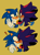 Size: 1514x2048 | Tagged: safe, artist:project-sonadow, shadow the hedgehog, sonic the hedgehog, blushing, duo, exclamation mark, eyes closed, gay, holding them, kiss, looking at each other, shadow x sonic, shipping, shrunken pupils, simple background, surprise kiss, surprised, sweatdrop, top surgery scars, trans male, transgender, yellow background