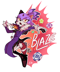 Size: 714x855 | Tagged: safe, artist:alan-without-the-an, blaze the cat, the murder of sonic the hedgehog, character name, holding something, lidded eyes, mid-air, mouth open, signature, simple background, solo, white background