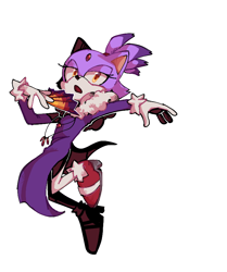 Size: 714x855 | Tagged: safe, artist:alan-without-the-an, blaze the cat, the murder of sonic the hedgehog, alternate version, holding something, lidded eyes, mid-air, mouth open, simple background, solo, white background