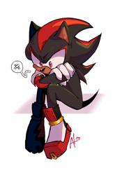 Size: 572x884 | Tagged: safe, artist:alan-without-the-an, shadow the hedgehog, arms folded, brooding, cross popping vein, signature, simple background, sitting, solo, white background
