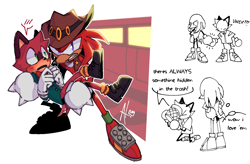 Size: 1216x800 | Tagged: safe, artist:alan-without-the-an, barry the quokka, knuckles the echidna, abstract background, barry x knuckles, blushing, carrying them, dialogue, duo, english text, hat, holding hands, shipping, signature, speech bubble, thinking, thought bubble, trash can
