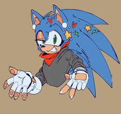 Size: 1943x1827 | Tagged: safe, artist:aweirdcupofink, sonic the hedgehog, backwards v sign, bandana, beige background, bust, claws, eyelashes, fingerless gloves, heart, looking at viewer, nonbinary, pawpads, simple background, smile, solo, sparkles, star (symbol), sticker, sweater