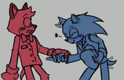 Size: 1830x1182 | Tagged: safe, artist:goldenstrwbrry, barry the quokka, sonic the hedgehog, the murder of sonic the hedgehog, blushing, duo, grey background, holding hands, looking at each other, shipping, simple background, sonarry, wagging tail