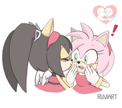 Size: 1049x932 | Tagged: safe, artist:ruviart, amy rose, honey the cat, blushing, bust, duo, exclamation mark, eyes closed, honamy, kiss on cheek, lesbian, looking at them, reference inset, shipping, signature, simple background, surprised, white background