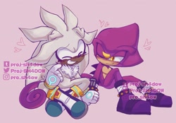 Size: 2006x1400 | Tagged: safe, artist:proj-sh4dow, espio the chameleon, silver the hedgehog, cute, duo, espibetes, eyes closed, floppy ears, gay, heart, holding hands, legs crossed, looking at them, pink background, shipping, silvabetes, silvio, simple background, sitting, top surgery scars, trans male, transgender, watermark, wink