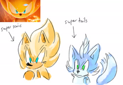 Size: 1906x1314 | Tagged: safe, artist:pastelspindash, miles "tails" prower, sonic the hedgehog, super sonic 2, super tails, sonic frontiers, alternate super form, bust, english text, reference inset, simple background, super form, white background