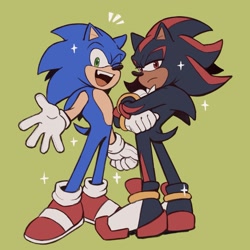 Size: 1659x1659 | Tagged: safe, artist:infinitechaosss, shadow the hedgehog, sonic the hedgehog, duo, frown, gay, green background, lidded eyes, looking at viewer, mouth open, shadow x sonic, shipping, simple background, smile, sparkles, standing, wink