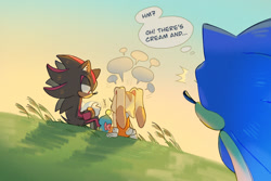 Size: 1800x1200 | Tagged: safe, artist:ochi06, cream the rabbit, shadow the hedgehog, sonic the hedgehog, daytime, english text, grass, outdoors, sitting, thought bubble, trio
