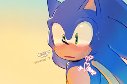 Size: 1800x1200 | Tagged: safe, artist:ochi06, shadow the hedgehog, sonic the hedgehog, blushing, dialogue, gay, gradient background, heart, implied shadow, looking ahead, looking offscreen, mouth open, sfx, shadow x sonic, shipping, solo, surprised, sweatdrop