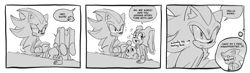 Size: 2048x602 | Tagged: safe, artist:ochi06, cheese (chao), cream the rabbit, shadow the hedgehog, sonic the hedgehog, chao, dialogue, english text, grey background, group, monochrome, neutral chao, sitting, speech bubble, white background