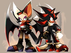 Size: 2048x1512 | Tagged: safe, artist:kuroiyuki96, rebel rouge, rouge the bat, shadow the hedgehog, sonic prime, beige background, duo, gun, holding something, simple background, standing