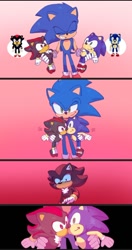 Size: 720x1365 | Tagged: safe, artist:ochi06, shadow the hedgehog, sonic the hedgehog, duo, edit, gay, gradient background, holding something, kiss, shadow x sonic, shipping, shocked, shrunken pupils, smile, standing, stitched, stuffed animal