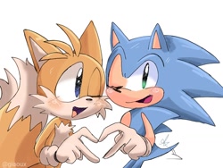 Size: 1024x768 | Tagged: safe, artist:giaoux, miles "tails" prower, sonic the hedgehog, 2024, blushing, cute, duo, gay, heart hands, looking at them, looking at viewer, shipping, simple background, sonic x tails, standing, wagging tail, white background, wink