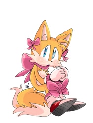 Size: 768x1024 | Tagged: safe, artist:giaoux, miles "tails" prower, blushing, bow, cute, mouth open, ribbon, signature, simple background, sitting, solo, tailabetes, white background