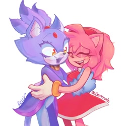 Size: 1080x1080 | Tagged: safe, artist:ajoloteinchabolas89, amy rose, blaze the cat, cat, hedgehog, 2024, amy x blaze, amy's halterneck dress, blaze's tailcoat, cute, eyes closed, female, females only, hugging, lesbian, looking at them, mouth open, shipping