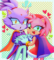 Size: 540x600 | Tagged: safe, artist:rubbe-rrrrr, amy rose, blaze the cat, cat, hedgehog, 2021, amy x blaze, amy's halterneck dress, bisexual pride, blaze's tailcoat, cute, female, females only, hearts, lesbian, lesbian pride, looking at viewer, mouth open, pride, shipping