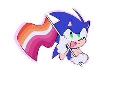 Size: 1024x768 | Tagged: safe, artist:just_d_bit, sonic the hedgehog, hedgehog, 2024, alternate version, holding something, lesbian pride, male, mouth open, one fang, outline, pride, pride flag, simple background, smile, solo, white background