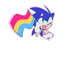 Size: 1024x768 | Tagged: safe, artist:just_d_bit, sonic the hedgehog, hedgehog, 2024, alternate version, holding something, male, mouth open, one fang, outline, pansexual pride, pride, pride flag, simple background, smile, solo, white background