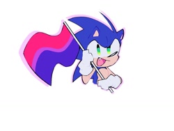 Size: 1024x768 | Tagged: safe, artist:just_d_bit, sonic the hedgehog, hedgehog, 2024, alternate version, bisexual pride, holding something, male, mouth open, one fang, outline, pride, pride flag, simple background, smile, solo, white background
