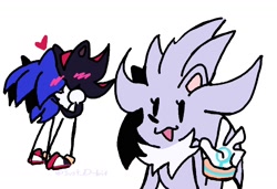 Size: 1596x1090 | Tagged: safe, artist:just_d_bit, shadow the hedgehog, silver the hedgehog, sonic the hedgehog, 2023, blushing, cute, gay, heart, kiss, shadow x sonic, shipping, signature, silvabetes, simple background, smile, standing, trio, v sign, white background