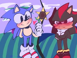 Size: 1024x768 | Tagged: safe, artist:just_d_bit, shadow the hedgehog, sonic the hedgehog, 2023, abstract background, arms folded, blushing, cute, duo, flower, frown, gay, heart, holding something, outdoors, shadow is not amused, shadow x sonic, shadowbetes, shipping, smile, sonabetes, standing, sunflower