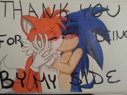 Size: 652x491 | Tagged: safe, artist:hyperchocolatelover, miles "tails" prower, sonic the hedgehog, duo, english text, eyes closed, gay, holding each other, kiss, shipping, sonic x tails, traditional media