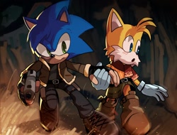 Size: 2048x1554 | Tagged: safe, artist:ritualserpent, miles "tails" prower, sonic the hedgehog, 2023, abstract background, alternate universe, ashley graham, blushing, crossover, duo, gay, gun, holding hands, holding something, leon s. kennedy, resident evil 4, shipping, sonic x tails