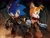 Size: 2048x1554 | Tagged: safe, artist:ritualserpent, miles "tails" prower, sonic the hedgehog, 2023, abstract background, alternate universe, ashley graham, blushing, crossover, duo, gay, gun, holding hands, holding something, leon s. kennedy, resident evil 4, shipping, sonic x tails